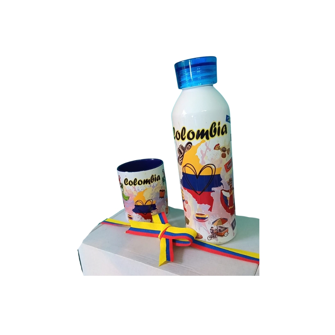 Kit colombiano Botella 800ml + taza 11 onzas + empaque y dulces colombianos