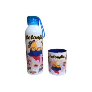 Kit colombiano Botella 800ml + taza 11 onzas + empaque y dulces colombianos