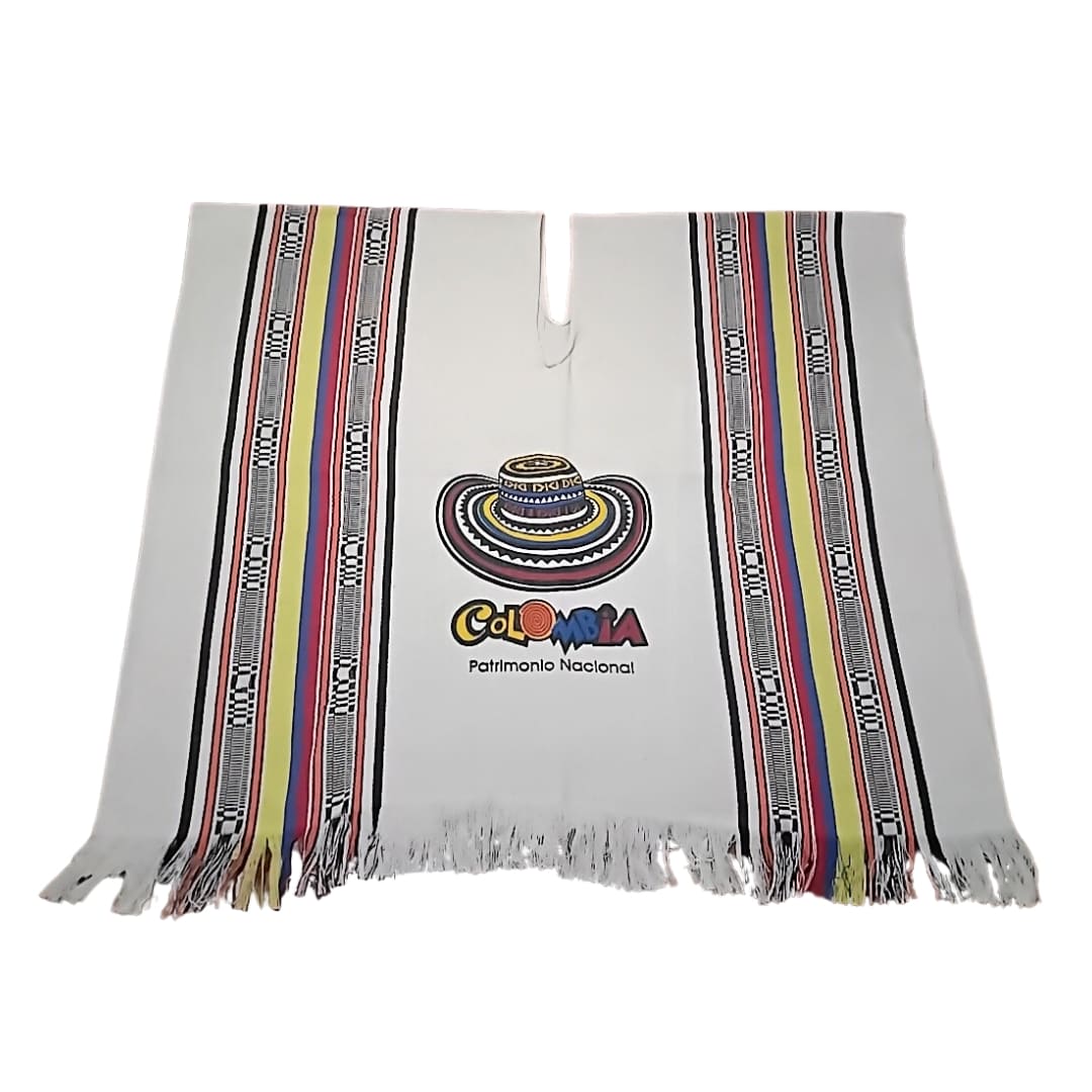 Poncho en algodon diseño sombrero vueltiao con franjas