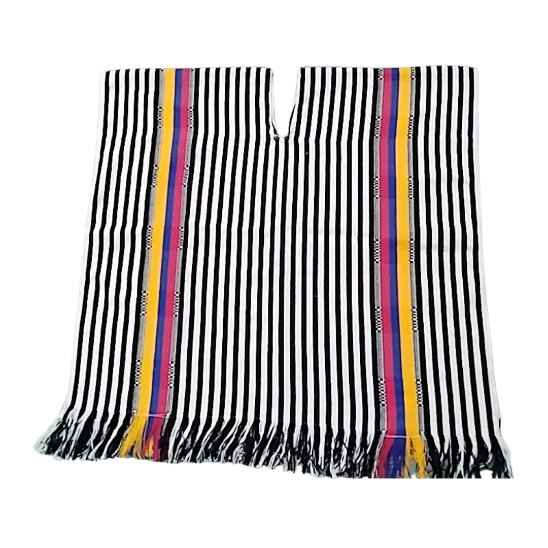 Poncho en algodon rayas negras y tricolor